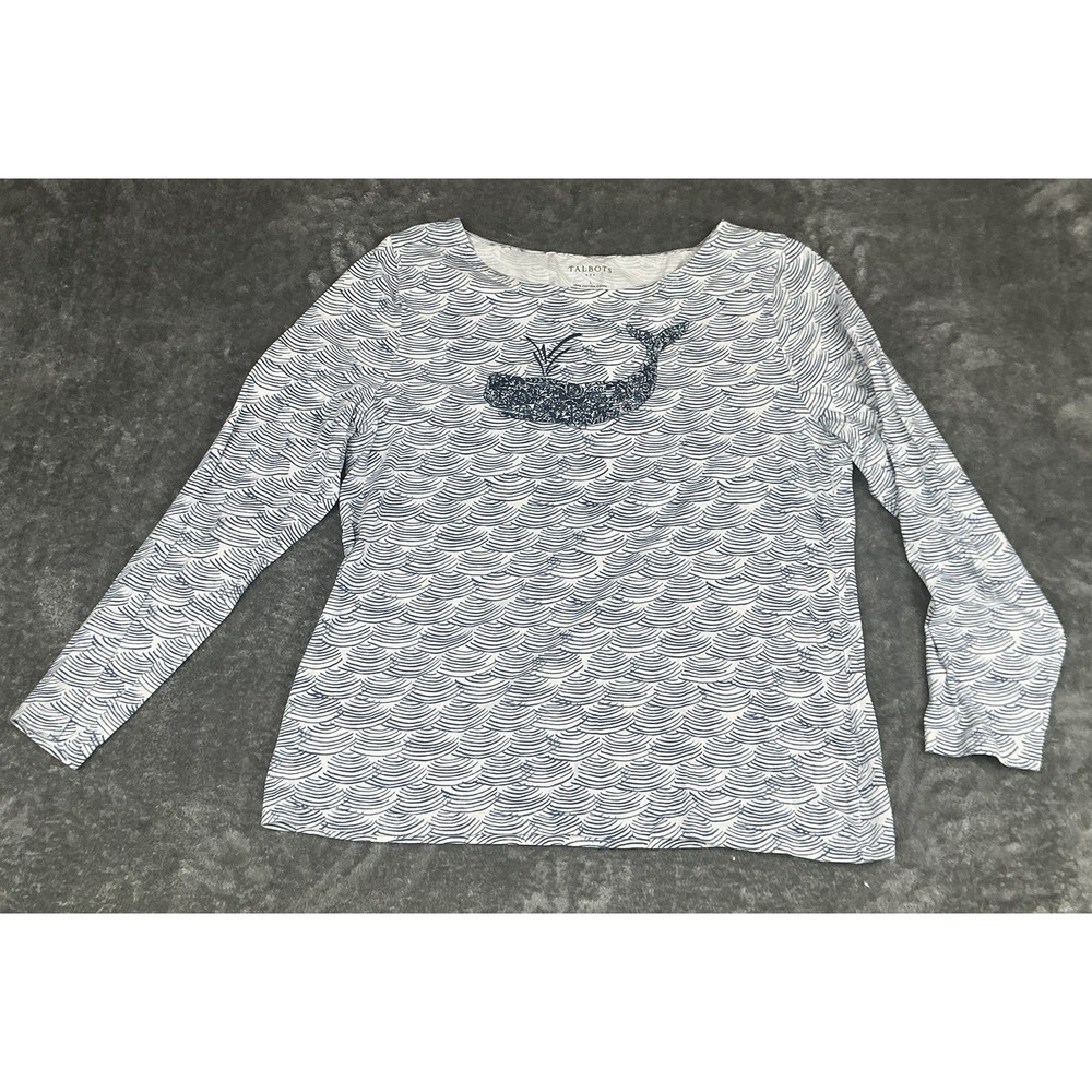 Talbots Nautical women's Long Sleeve Blue & White Waves Embroidered Whale Large